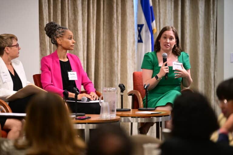 Amy Spitalnick, CEO of JCPA (right), Maya Wiley, president of The Leadership Conference on Civil and Human Rights (center), and Idit Klein, president of Keshet