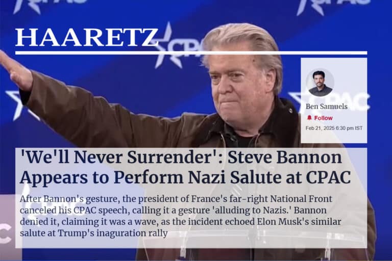 PIC HAARETZ We'll Never Surrender Steve Bannon Appears to Perform Nazi Salute at CPAC After Bannons gesture president of France's far-right National Front canceled CPAC speech